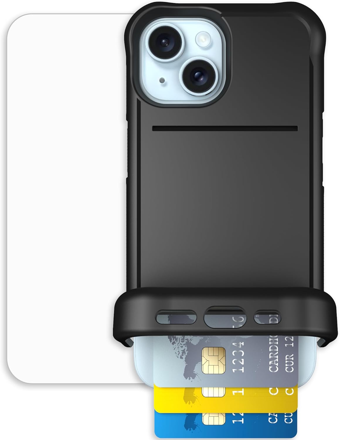 Scooch for iPhone 15 Case with Card Holder, Wingmate Wallet Case Black, Bundled with Tempered Glass Screen Protector