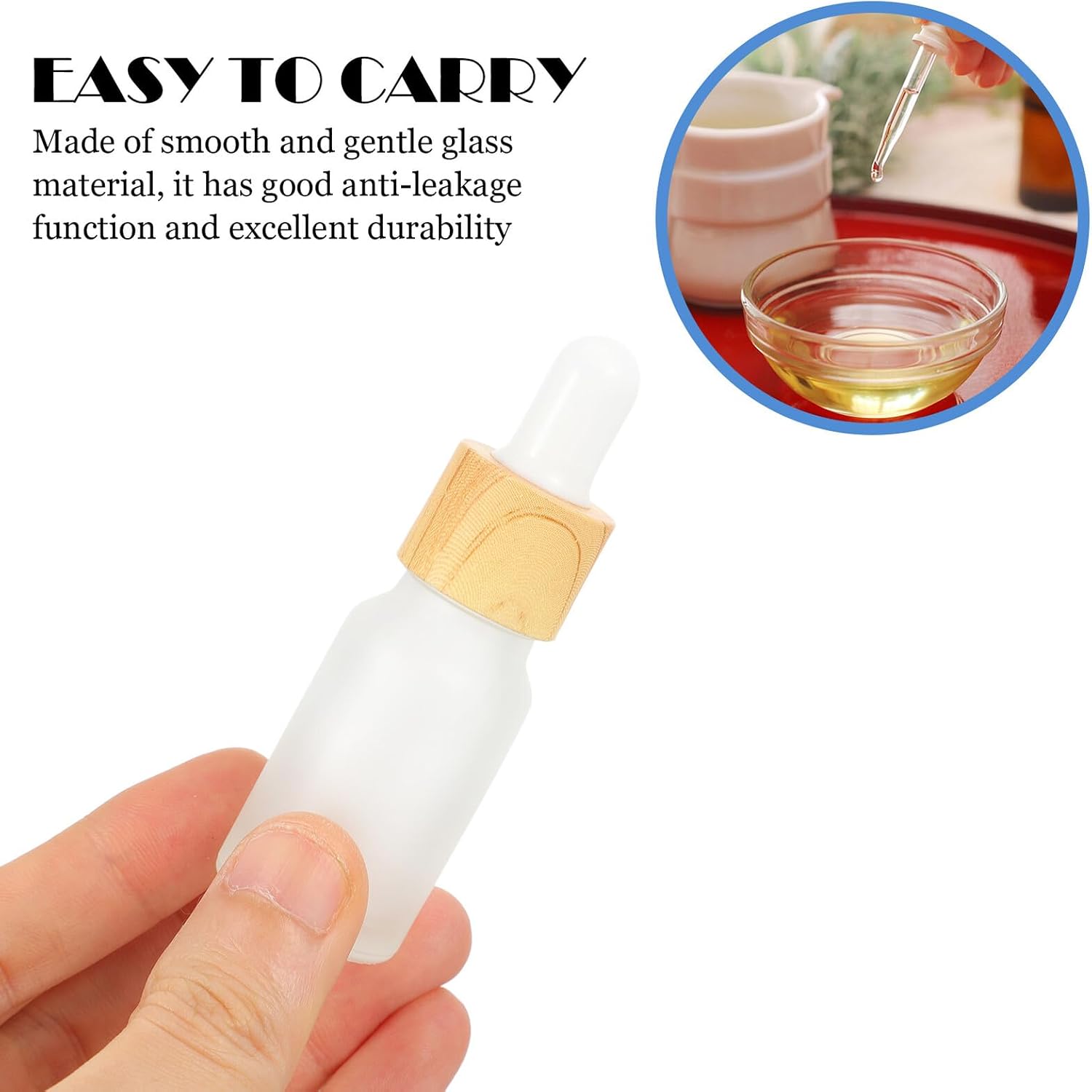 Mobestech 10pcs 10ml Frosted Essential Oil Dropper Bottles with Wood Grain Ring and Silicone Cap, Refillable Portable Glass Liquid Dispenser Bottles for Travel and Cosmetics