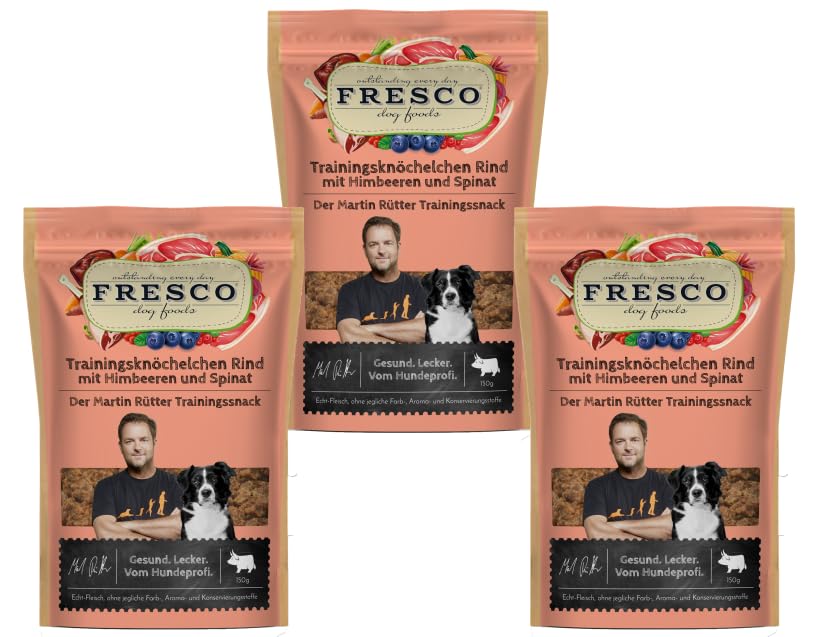 Fresco Martin Rütter Trainingsknöchelchen | 3X 150g | Natürlicher Monoproteinsnack aus reinem Rindfleisch mit Himbeeren und Spinat | Hundeleckerli | Leckerer Snack für Hunde | Gesund und natürlich