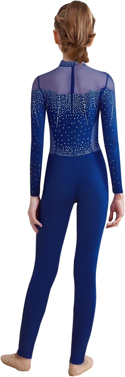 Kids Girls Full Body Unitard Shiny Rhinestone Ballet Dance Gymnastics Leotard Long Sleeve Stretch Catsuit