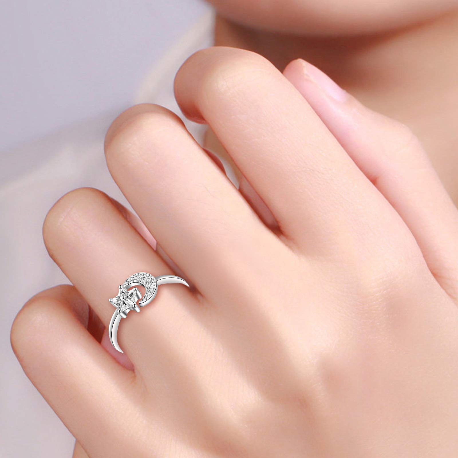 Yumilok Anillo de plata 925, anillo ajustable para mujer y niña, anillo de compromiso abierto, anillo de luna y estrella, circonita cúbica con incrustaciones, tamaño ajustable