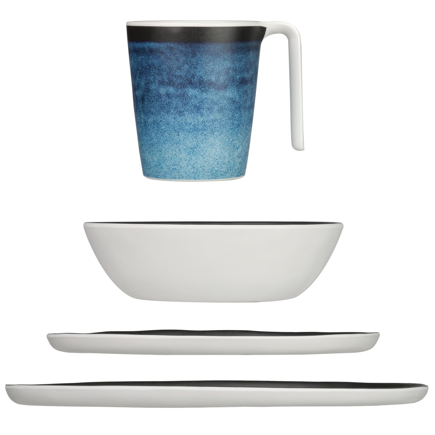 Set di stoviglie da campeggio in melamina, per 4 persone, Deep Ocean + 4 bicchieri Tiamo, stoviglie da tavola, picnic, barbecue