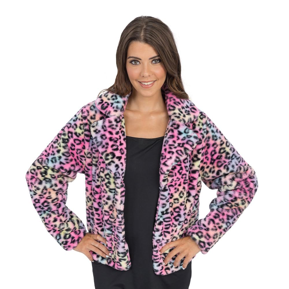 Chaks - Leo Women's Colourful Faux Fur Coat with Leopard Print Plush Costume Accessory for Carnival Party