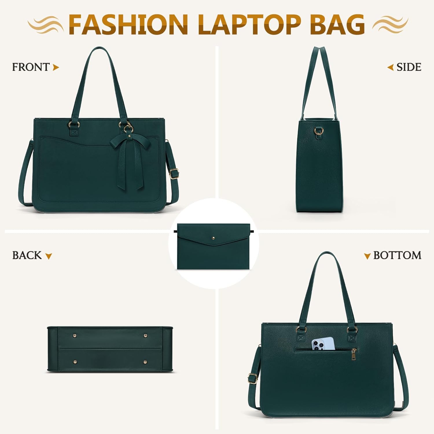 RAINSMORE Laptop Bag for Women 15.6 Inch Work Tote Bags Leather Laptop Tote Waterproof Computer Bag Professional Office Business Briefcase Large Handbag for College Teacher Travel, Green - Image 8