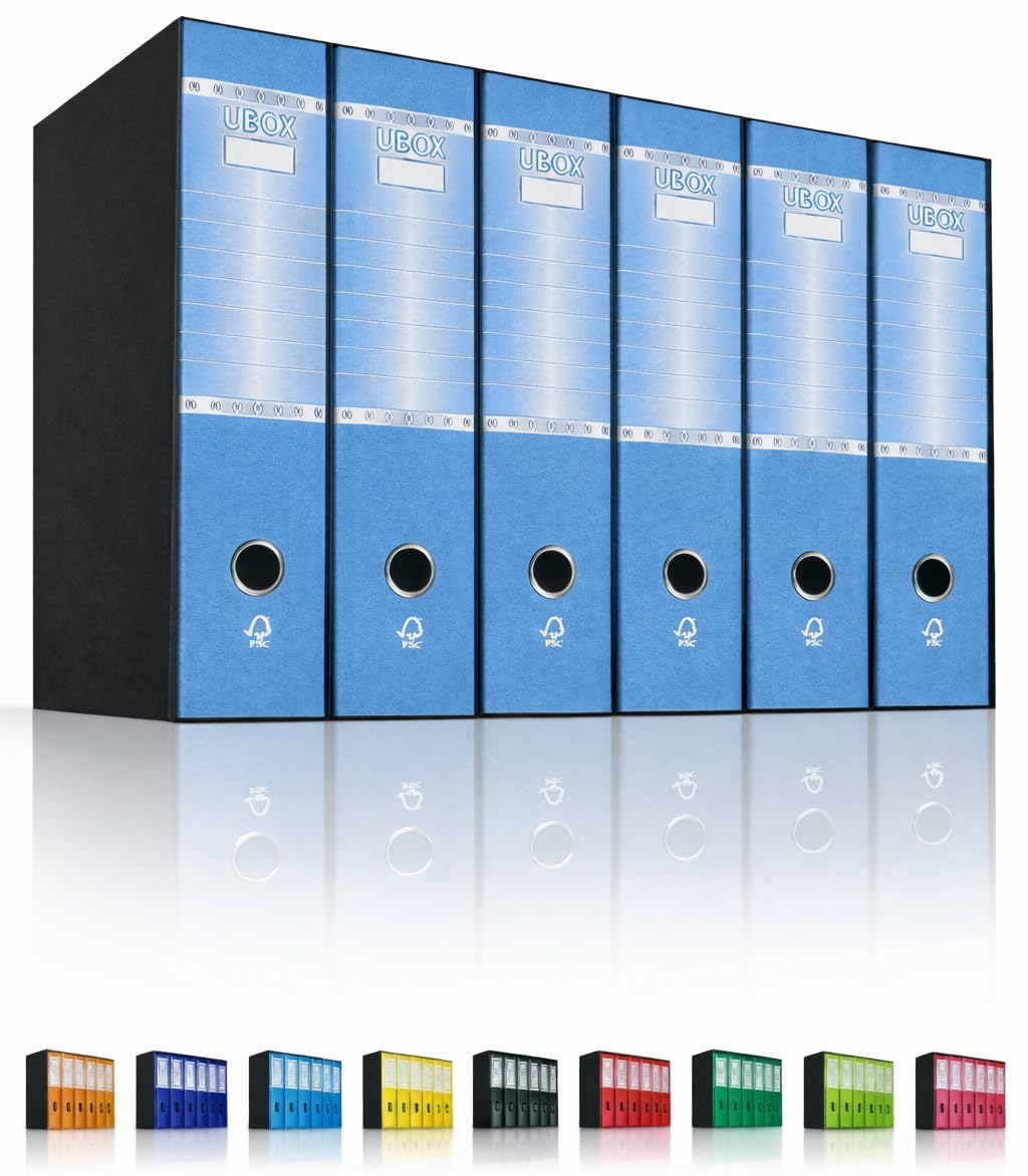 LogicaShop UBOX 6 Raccoglitori ad Anelli A4 Dorso 8 con Custodia Cartone, Formato Protocollo, Registratore con Meccanismo a Leva D, Raccoglitore con Scatola, Faldone Universale (Celeste)