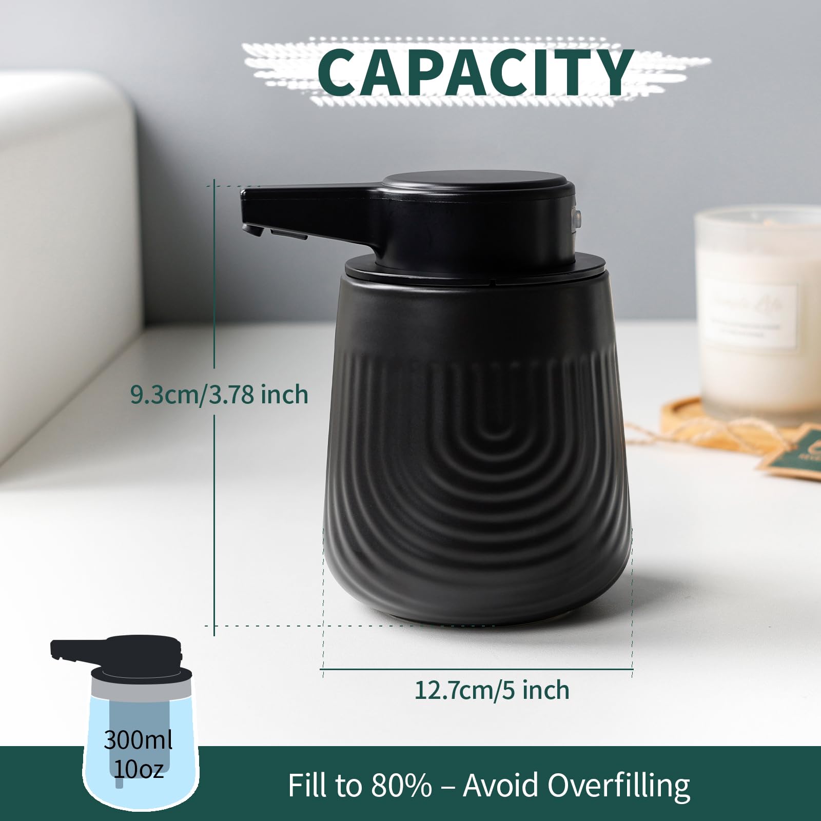 BosilunLife Dispenser automatico di sapone in ceramica con ugello a pompa esteso, 3 livelli regolabili, dispenser di sapone liquido per lozione touchless, per bagno e cucina, design ondulato goffrato