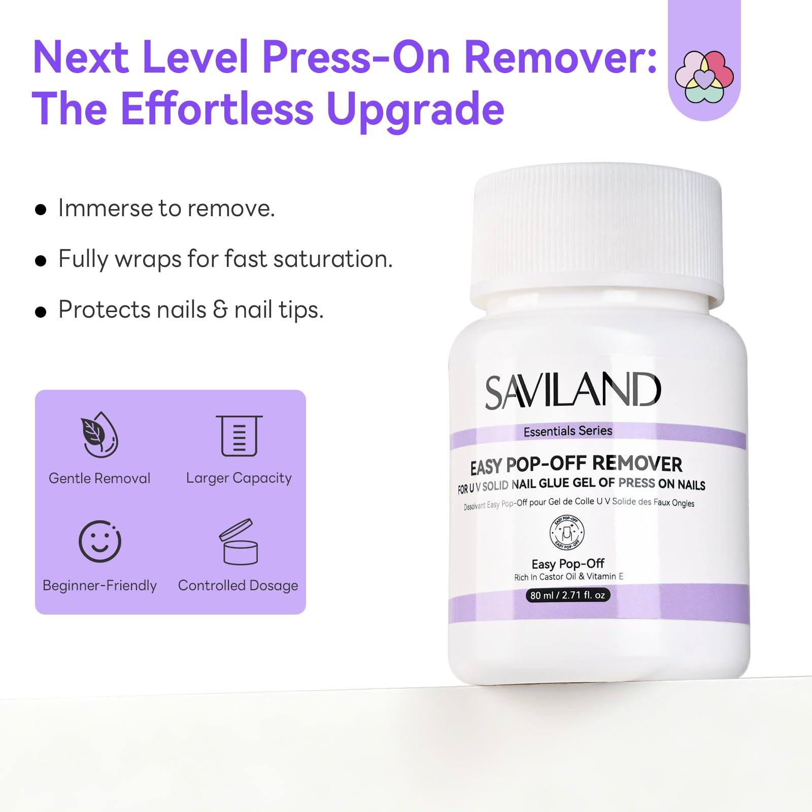 SAVILAND 80ML Rimuovi Colla Unghie Finte, Solvente Solido per Colla per Unghie con Spugnetta per Rimozione per Immersione, Senza Bisogno Lima, Grande Capacità, Senza Acetone, Facile da Usare a Casa