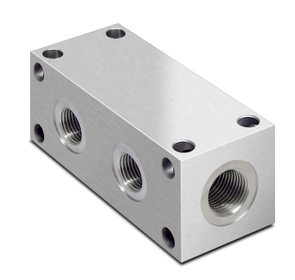 Colector de aluminio paralelo hidráulico, 2 estaciones, entrada BSP de 3/8", puertos de servicio BSP de 1/4"