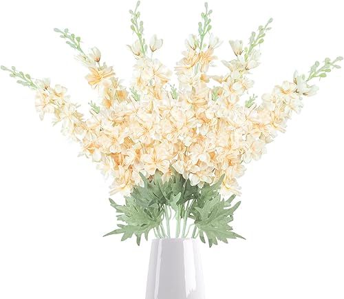 ULENDIS 6 flores artificiales de delphinium de color champán, tallo largo de 34 pulgadas de largo, flores artificiales realistas para decoración de