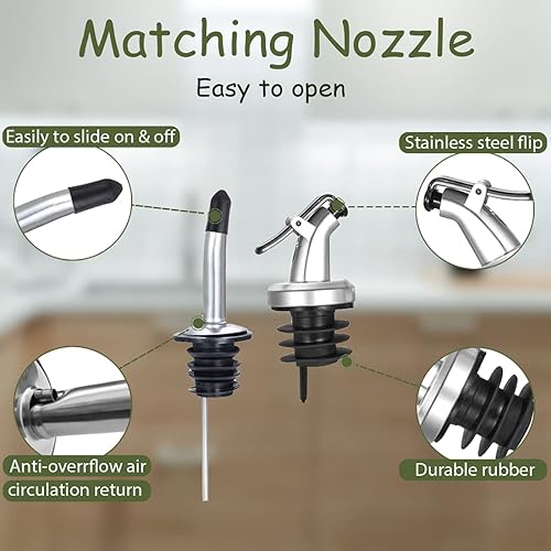 Miniatura 5 de Gusnilo Dispensador de aceite de oliva, vinagre de aceite, botella cuadrada de vidrio alta con boquilla vertedora de acero inoxidable, juego de 2 a