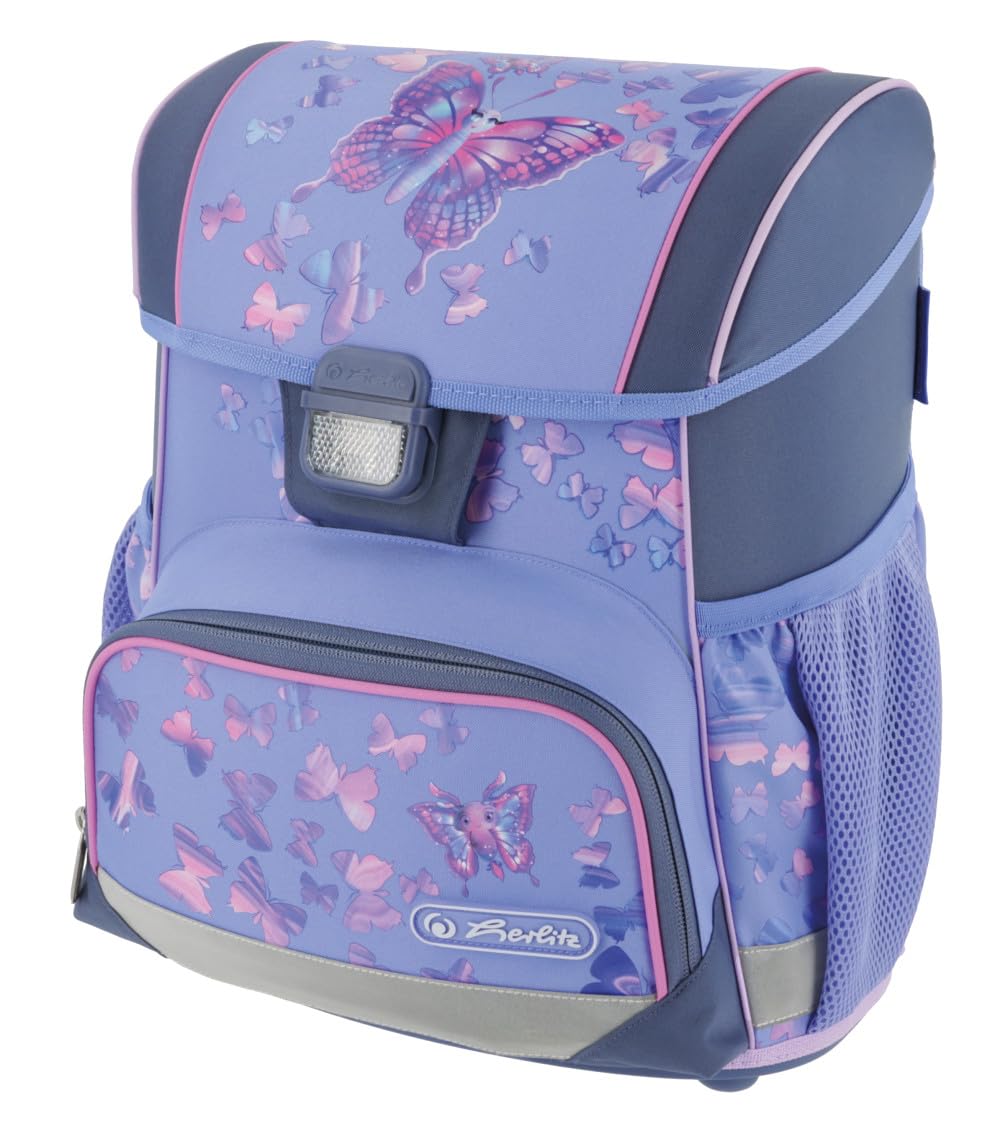 HERLITZ Loop Butterfly Paradise Schulranzen, Rucksack für Kinder, Schulrucksack 17L, Kinderrucksack, Leicht Schultasche für Mädchen, Reflexmaterial, Schnallenverschluss, Ergonomische Form, Hellviolett