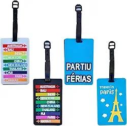 Kit 4 Tag de Bagagem Identificador de Mala de Viagem Férias Avião Etiqueta de Silicone Premium (DEST. BRANCA + DEST. PRETA + PARTIU FÉRIAS + PARIS, TAG)