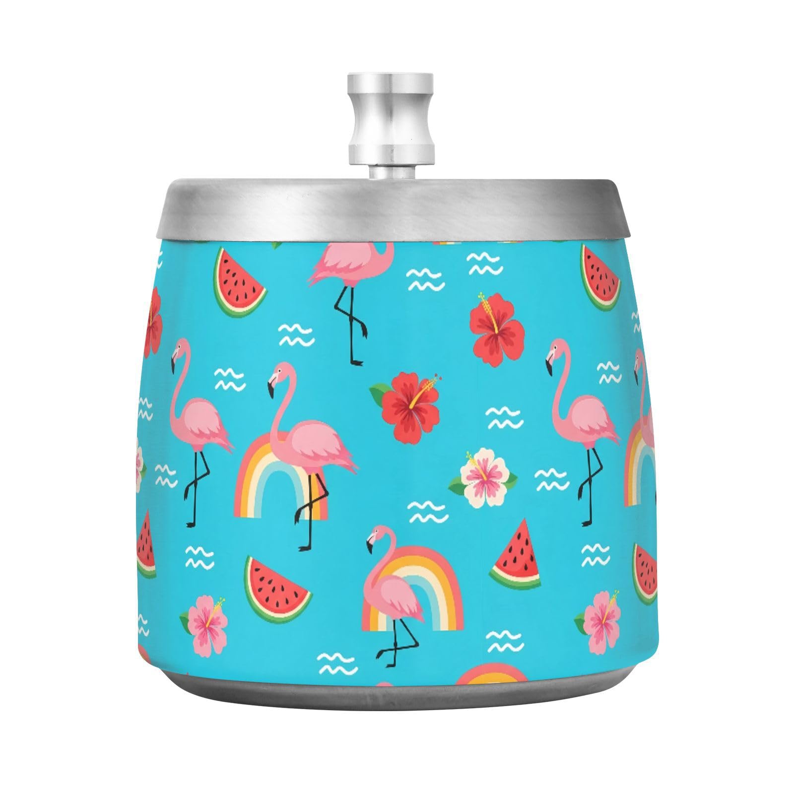 Lyeorm Flamingos Watermelon Slices Ashtray with Lid for Cigarette, Stainless Steel Windproof Smokeless Odorless Ash Tray for Home Office Patio Outdoor