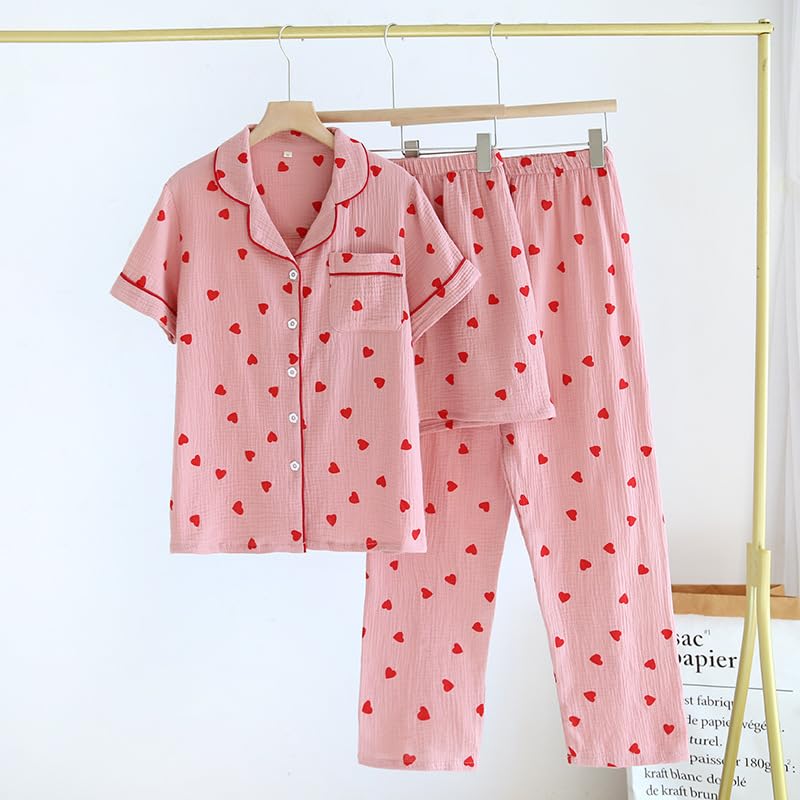Image of codcm Womens 3pcs Cotton Pajamas Set Short Sleeve Sleepwear Fruit Print Cute Pj Set with Long Pants