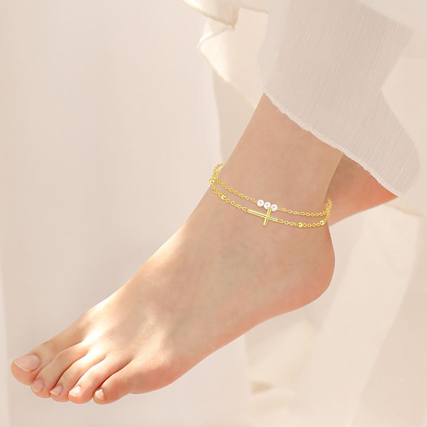 Palpitate Cross Anklet for Women Pearl Cross Ankle Bracelets 14K Gold Plated Adjustable Layered Foot Bead Chain for Women Beach Jewelry Christmas Gifts - Image 5