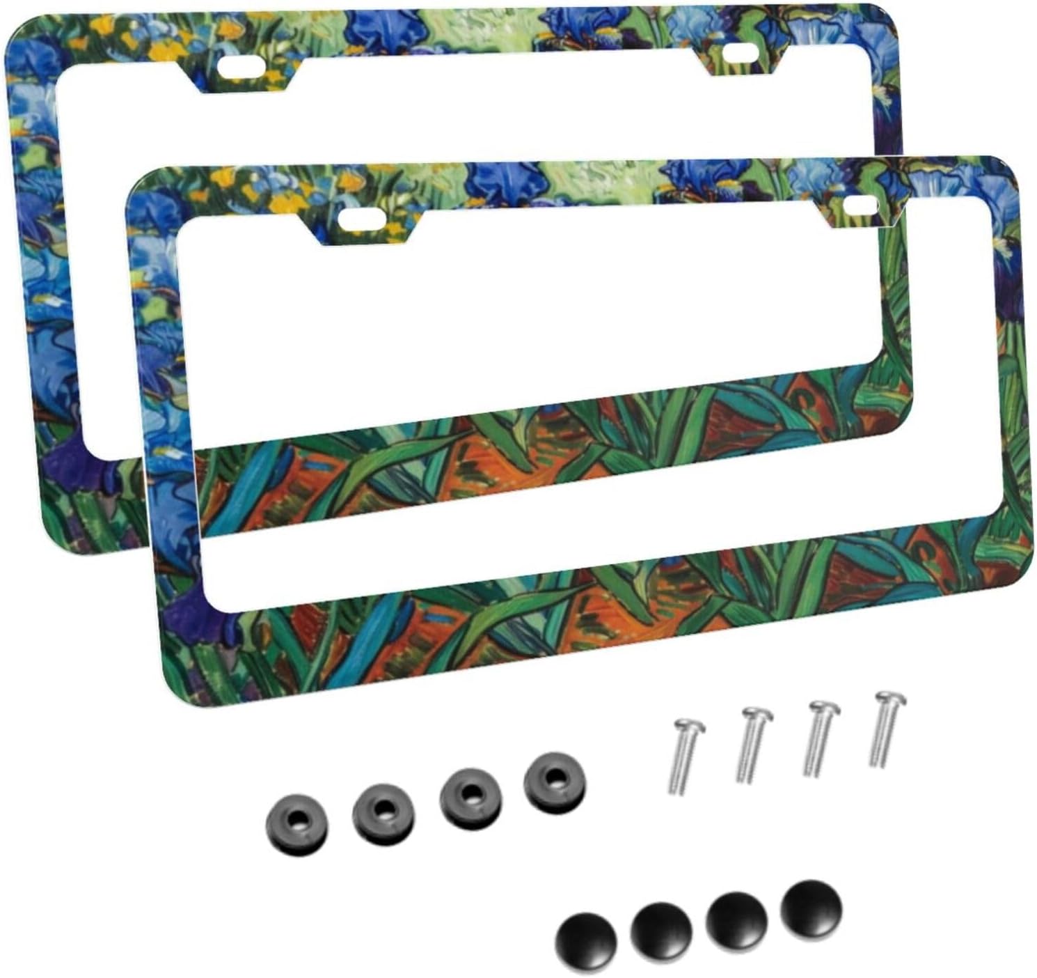 Van Gogh Iris Flower Matte Aluminum License Plate Frame with Black Screw Caps，2pcs 2 Holes Black Licenses Plates Frames,Car Licenses Plate Covers Holders for Us Vehicles/Women/Men