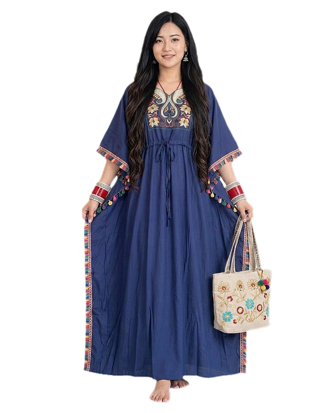 Embroidered Navy Blue Kaftan Dress for Women – Casual Rayon Maxi-image-0