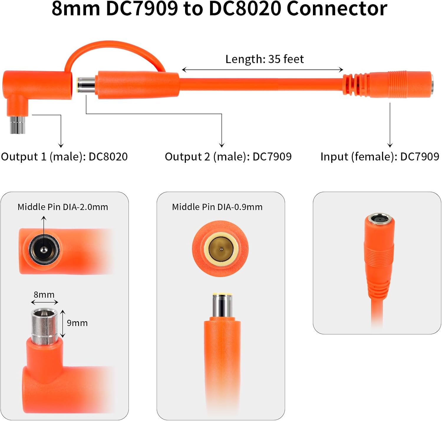 8mm DC Extension Cable 35FT – DC7909 Male to Female Solar Cable with DC8020 Adapter, 14AWG Tinned Copper Wire, Waterproof – Works with Most Portable Power Stations and Solar Generators