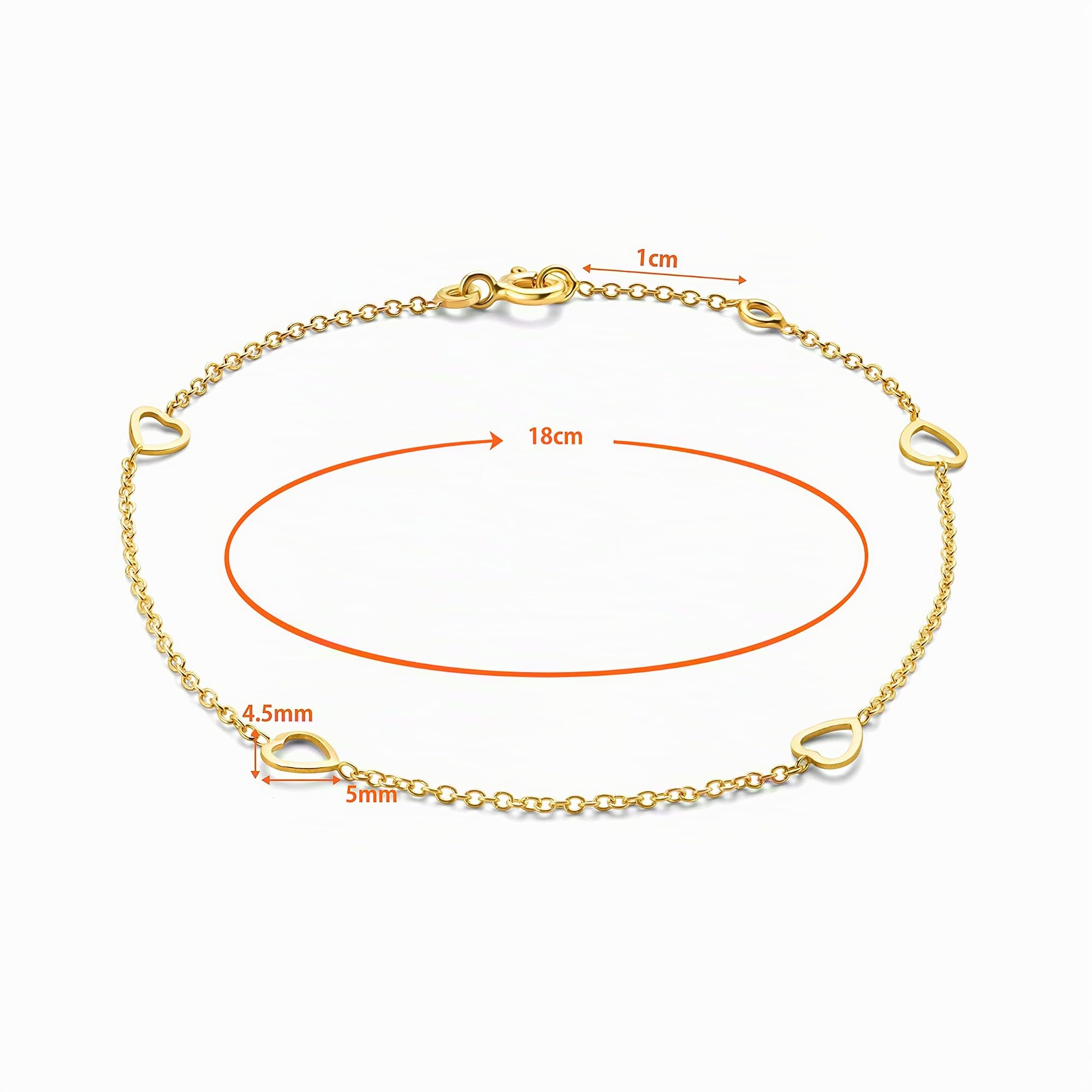 OROVI Armband Damen -9 Karat (375) Gelbgold– Herz Armband Gold, Goldkette 17+1 cm, Anhänger Herzen, Hypoallergene Armkette, Schmuck Damen, Gold Schmuck gefertigt in Italien, inkl. edler Schmuckbox