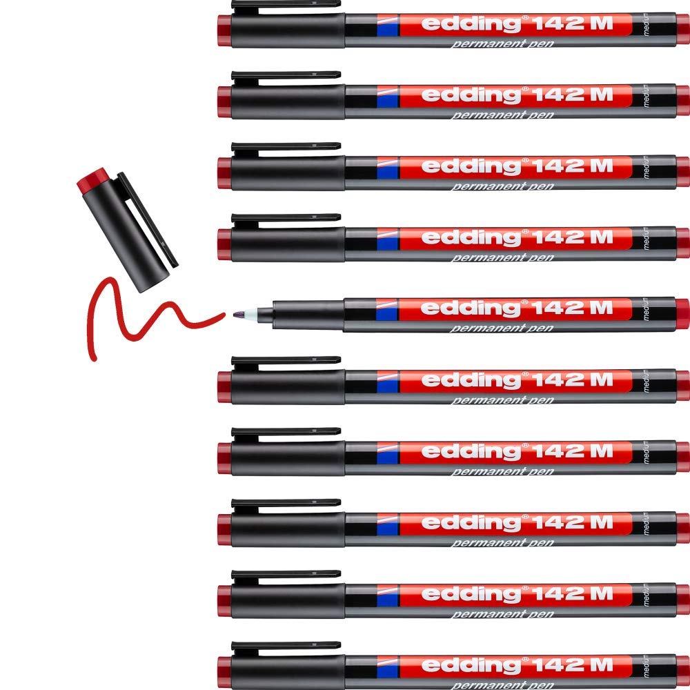 edding 142 M permanent pen - red - 10 pens - round nib 1 mm - pen for writing on glass, plastic, foils and smooth surfaces - permanent, quick-drying, smudge-proof and waterproof