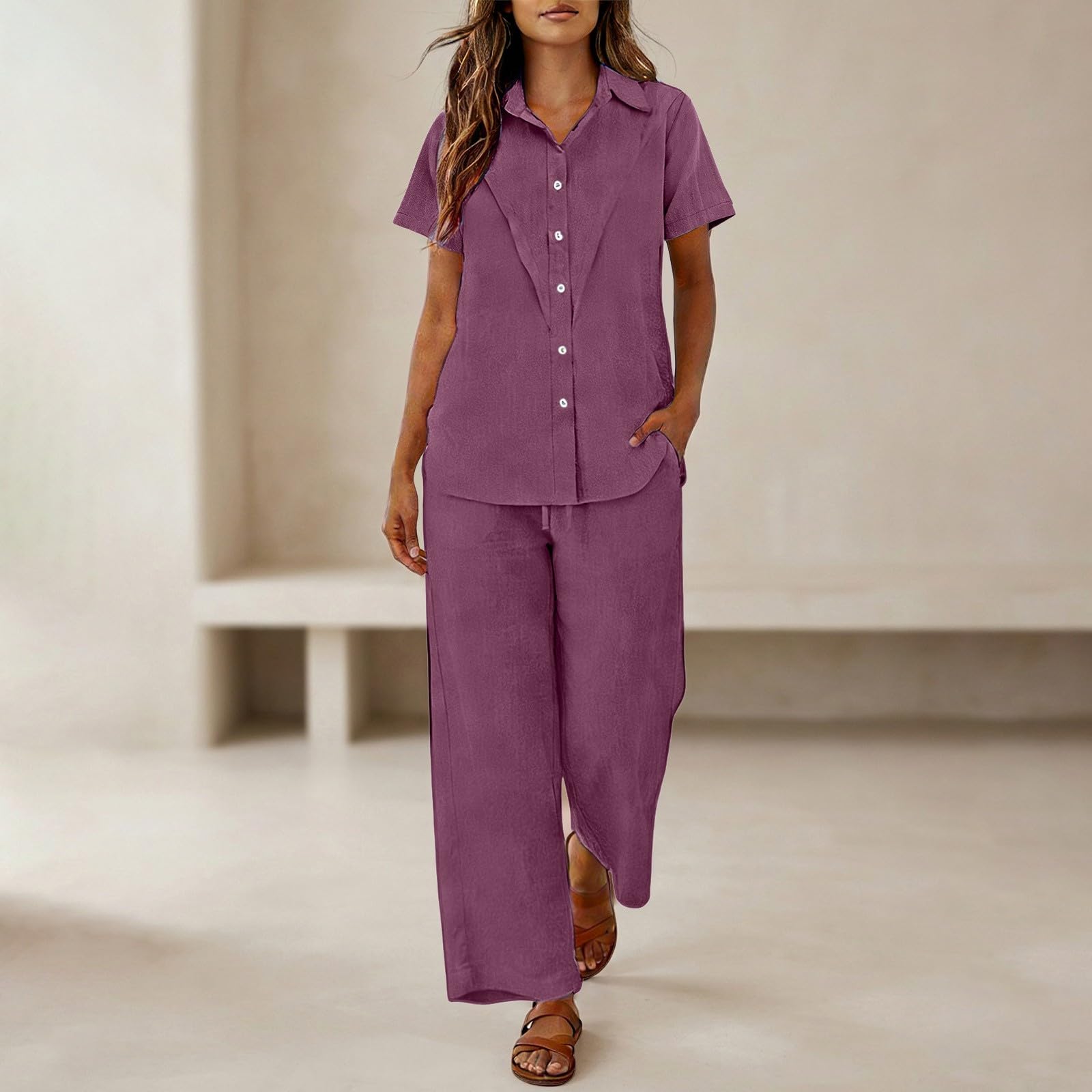 Zweiteiler Damen Sommer Leine Top und Hose 2 Teiler Hosenanzüge Baumwolle Leinen Jogginganzug Outfit Anzug Luftig Freizeitanzug,Zweiteiler Musselin Damen,Business Casual