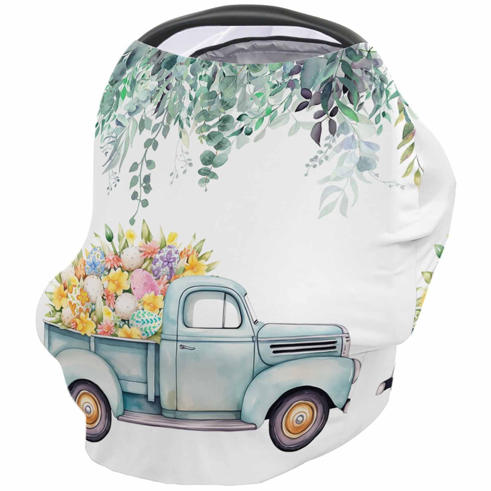 Nursing Cover for Breastfeeding Scarf, Teal Truck Yellow Floral Green Leaves Spring Easter Day Baby Car Covers Super Soft Multi Use for Canopy Shopping Cart Cover Blanket Stroller Cover