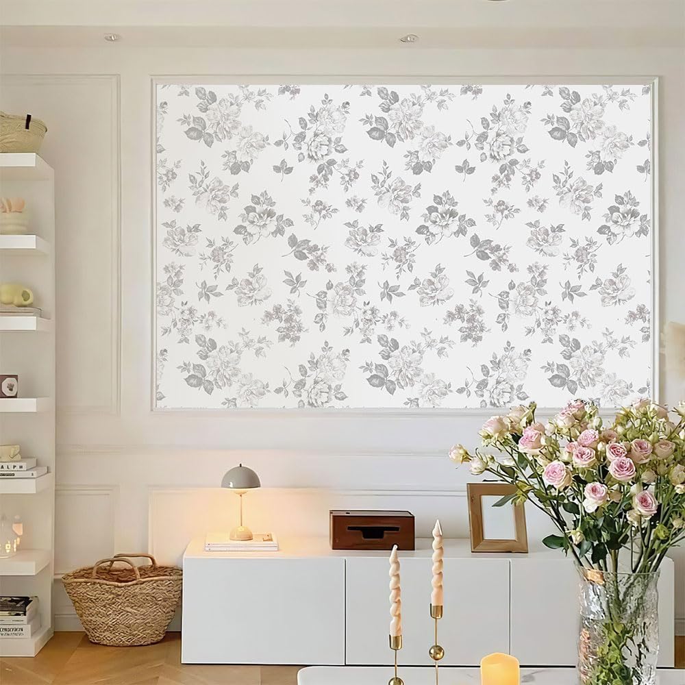 Vintage Floral Wallpaper Peel and Stick, White Gray Flower Wallpaper Self Adhesive Removable Wall Paper for Bedroom Kitchen Countertop Cabinets Dresser Drawer Furniture 17.7X118 Inches