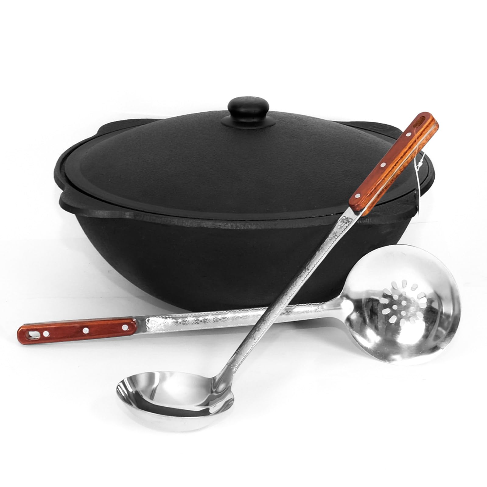 Kazan Fonte Ø 46,6 cm 16 l avec couvercle en aluminium, écumoir 48 cm Louche 48 cm Louche 48 cm Casserole Uzbekistan de qualité supérieure 16 l Fonte avec couvercle en aluminium 44⌀
