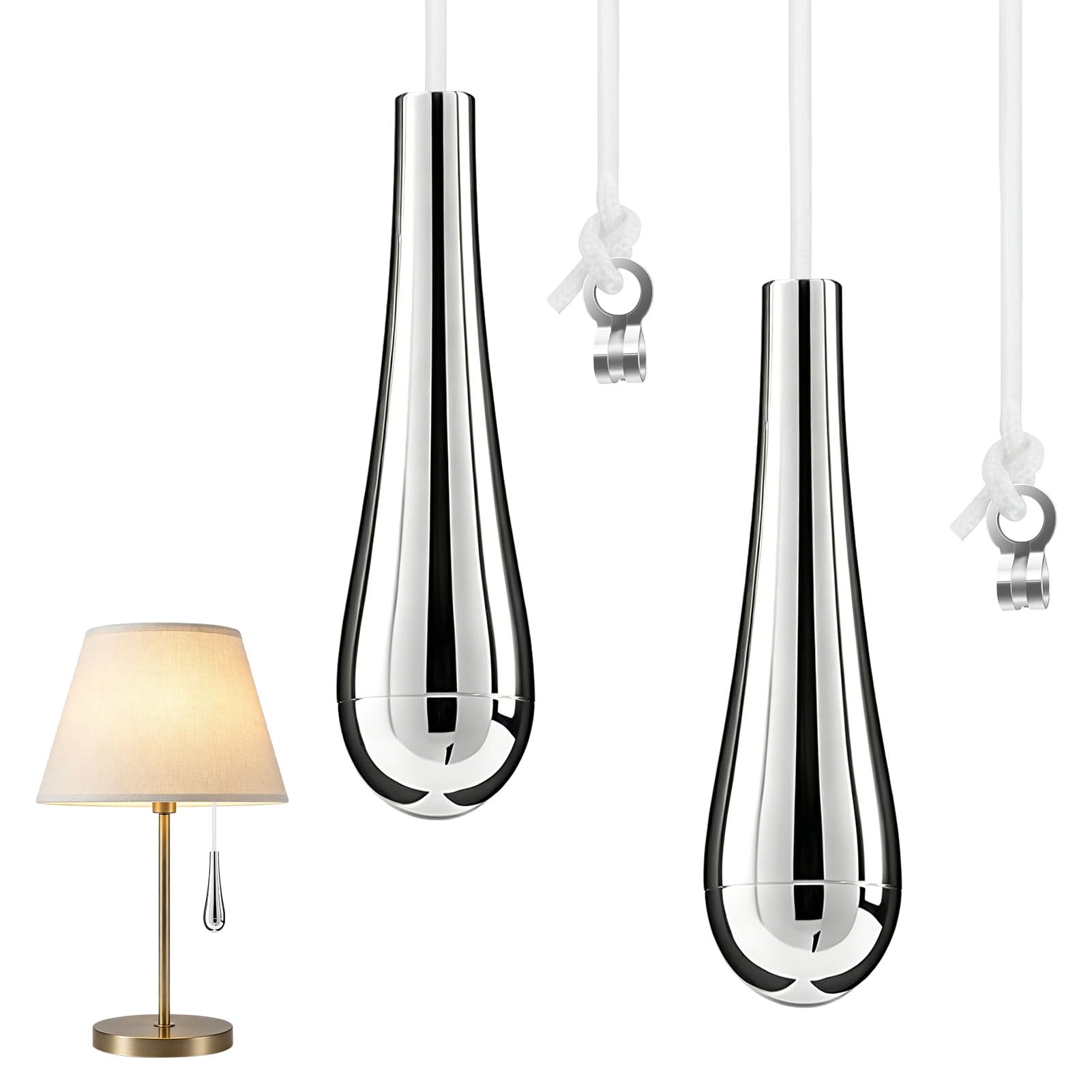 Hogulin Bathroom Light Pull Cord Handle, 2 Pack Teardrop Chrome Light Pull Cord Handle, Bathroom Pull Cordhandle with 150cm Nylon White Cords Connector for Bathrooms Blind Toilet Ceiling Lights Fan