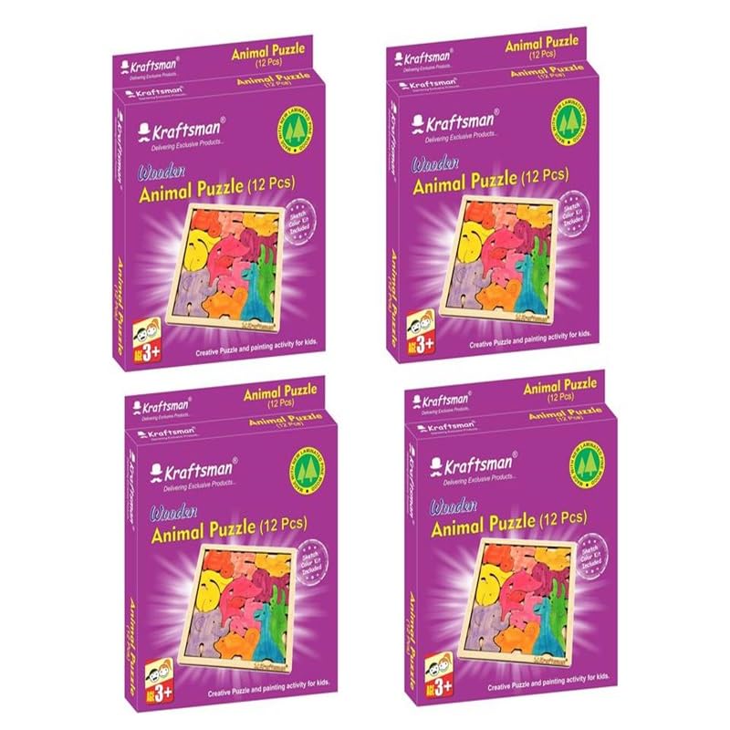 Image of Braintastic Birthday Return Gifts (Pack of 4) Wooden Jigsaw Animal Puzzle, Travel Board Game,Art & Craft Party Pack Return Favors for Kids-3-6 yrs(12 Colors & Puzzle Game per Pack)