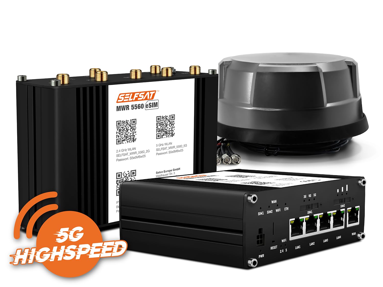 SELFSAT MWR 5560 eSIM 5G Cat 20 Routeur WLAN jusqu'à 3,4 Gbit/s avec antenne panoramique Noir