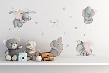Dumbo Nursery Room Removable Wall Decal - Cute Elephants Clouds and Stars Sticker for Kids Room Decor Elephant Sticker