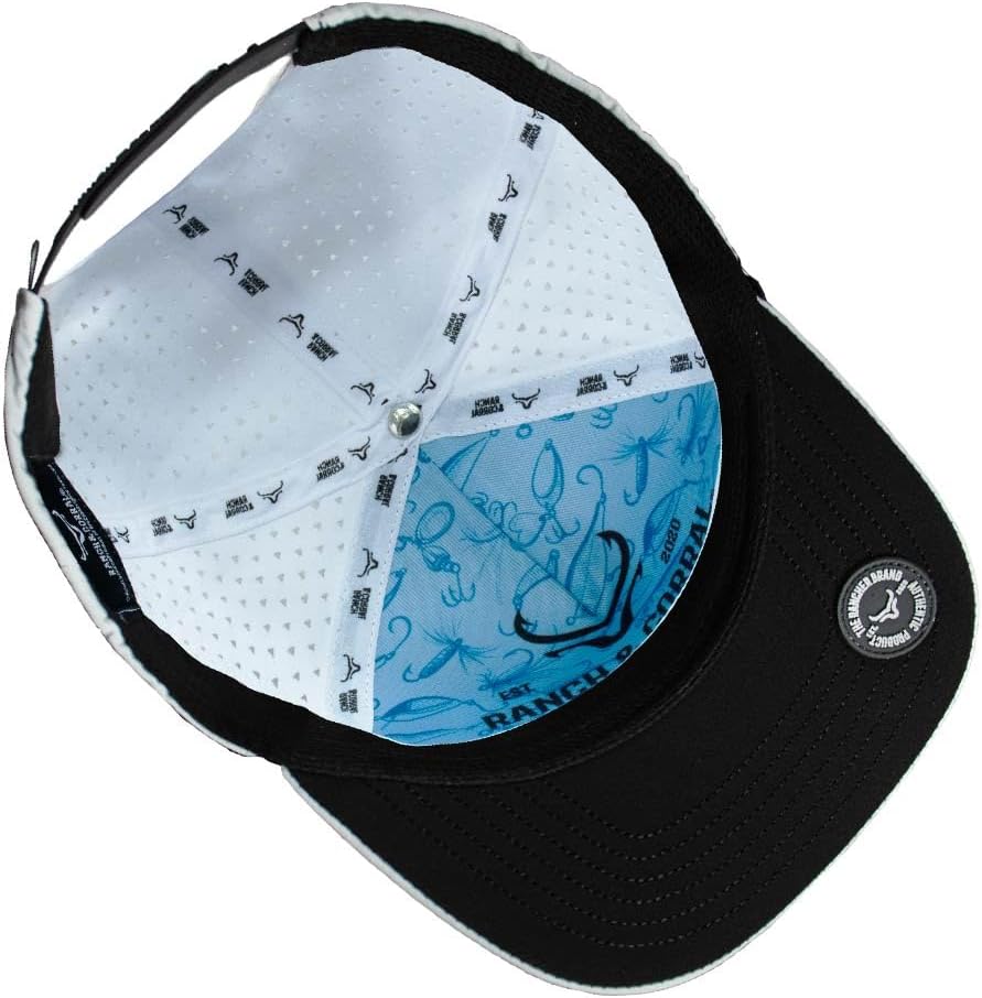 RANCH & CORRAL Blue and White Cap, Patch with Fishing Design, Black, 3-5 3/8
