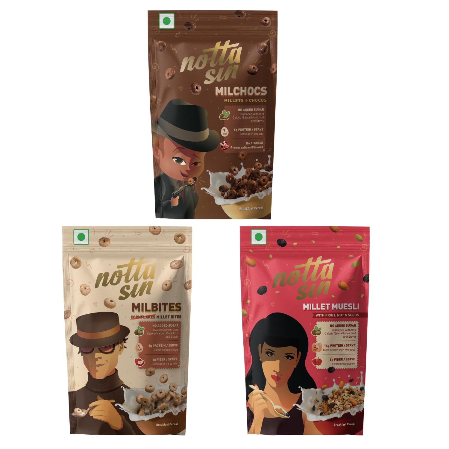Notta Sin Triple Delight - MilChocs, MilBites & Millet Muesli FNS | Made with Millets | No Added Sugar: Contains 0 Calorie Natural Monk Fruit & Stevia | High Protein | High Fiber | (60g x 3)-image-41