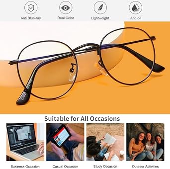 Blue Light Blocking Glasses Gaming Computer Phone Screen Eyeglasses for Women Men Anti Eyestrain Non-Prescription Lens Lightweight Slim Round Retro Metal Frame