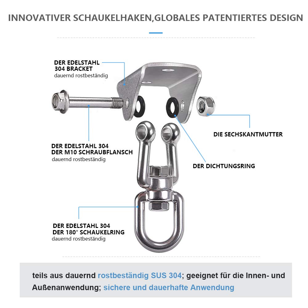 Ganchos de Techo SUS304 Stainless Steel Tarea Pesada 360° Rotate Anclaje de Techo para Hormigón y Madera Yoga, Hamacas, Sillón Colgante, Saco Boxeo Capacidad 450Kg (2 piezas 360°)