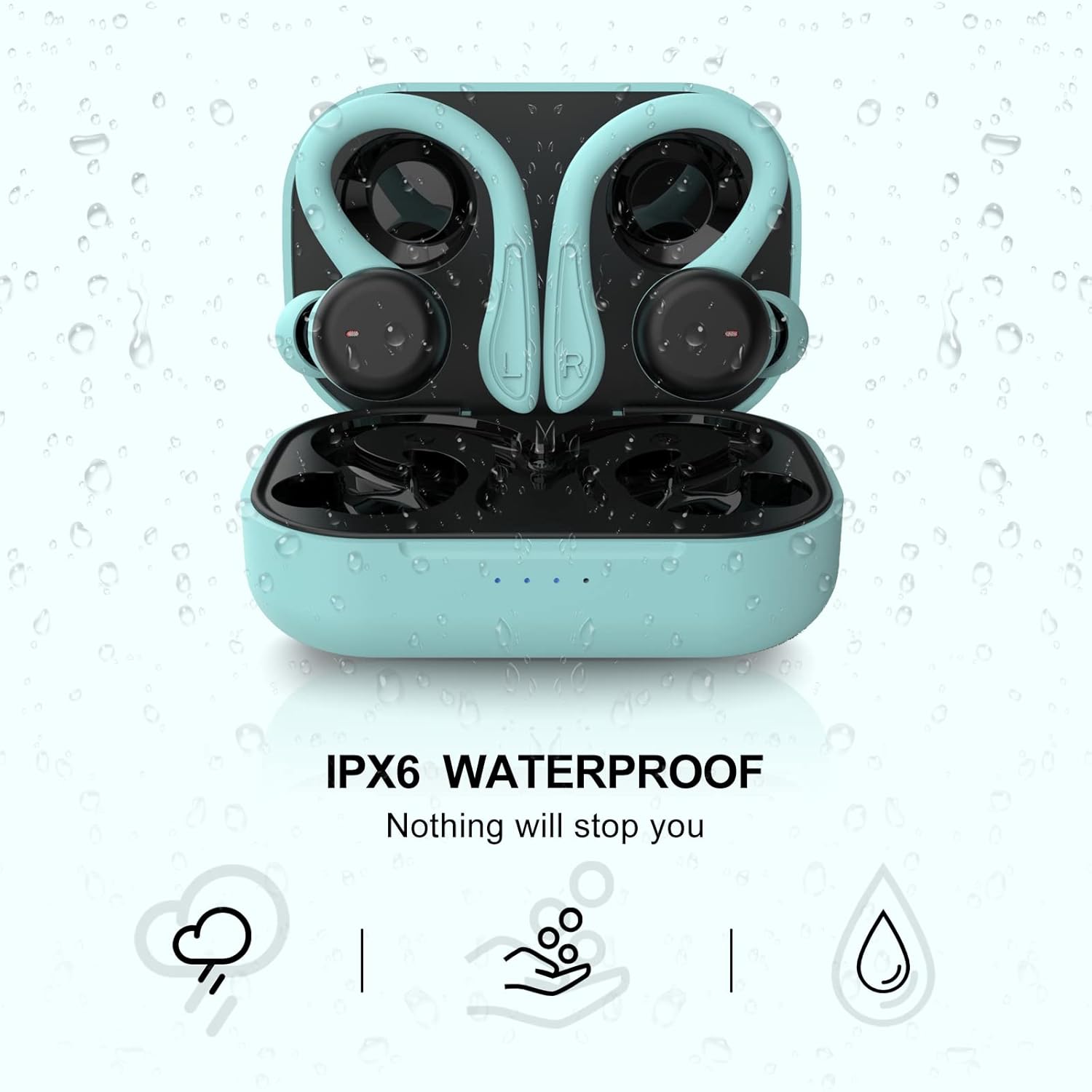 Xmenha earbuds in their charging case with water droplets around them, indicating IPX6 waterproof rating.