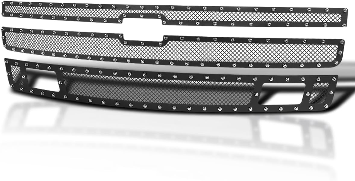 Spec-D Tuning Rivet Mesh Black Upper&Lower Main Grille Inserts 3PC Compatible with 2007-2013 Chevy Silverado 1500