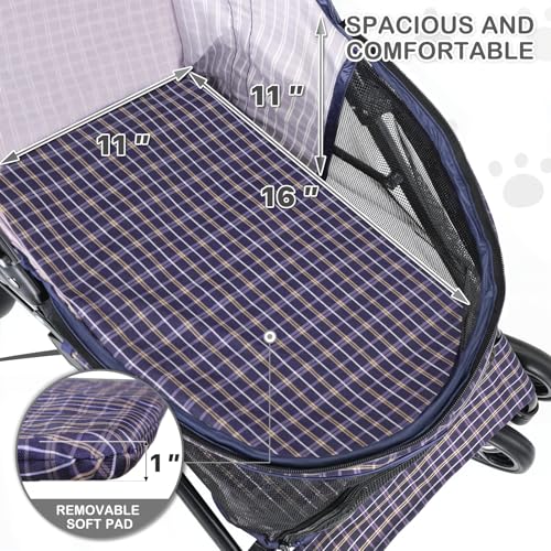 Image of MoNiBloom 4 Wheels Pet Stroller, Easy-Fold Umbrella Shaped Dog Cat Jogger Stroller w /Storage Bag & Visible Mesh for Small /Medium Dogs Cats Plaid