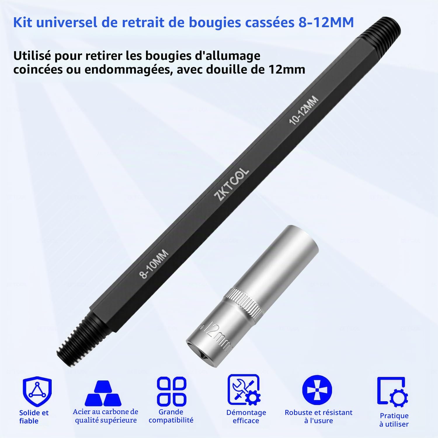 ZKTOOL 8~12MM pour l'Extraction de Bougies d'Allumage Cassées, Kit d'Extracteurs de Tarauds, Utilisé pour Retirer Les Bougies d'Allumage Bloquées ou Endommagées, avec Douille de 12 MM