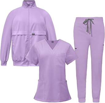 VIAOLI Scrubs for Women Set 3-Piece, Medical Uniform with Jacket Top and Pants, Professional Classic Stretch Workwear