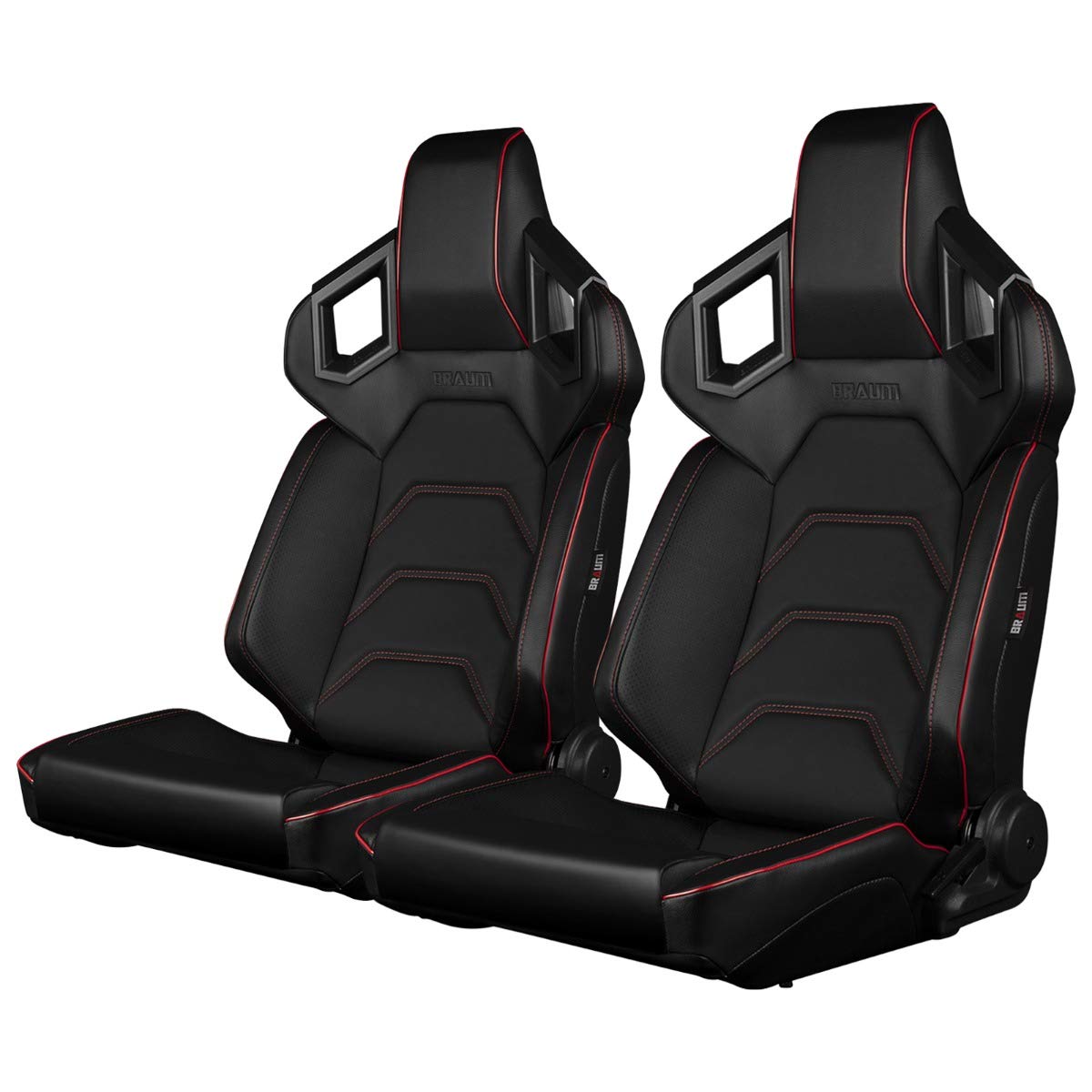 BRAUM Alpha X Series Racing Seats – Black Leatherette and Red Stitching – Reclining Bucket Seats with Carbon Fiber Backing – Set of 2 (BRR5-BKRS)