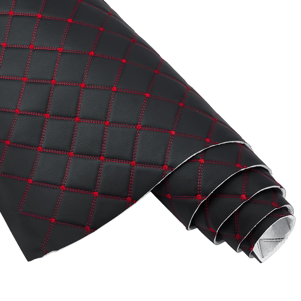 MAYJOYDIY Tissu en Mousse Matelassée de 2 m Similicuir Motif Losanges de 155cm avec Coutures Rouges pour Intérieur de Voiture Meubles et Ameublement (Noir)