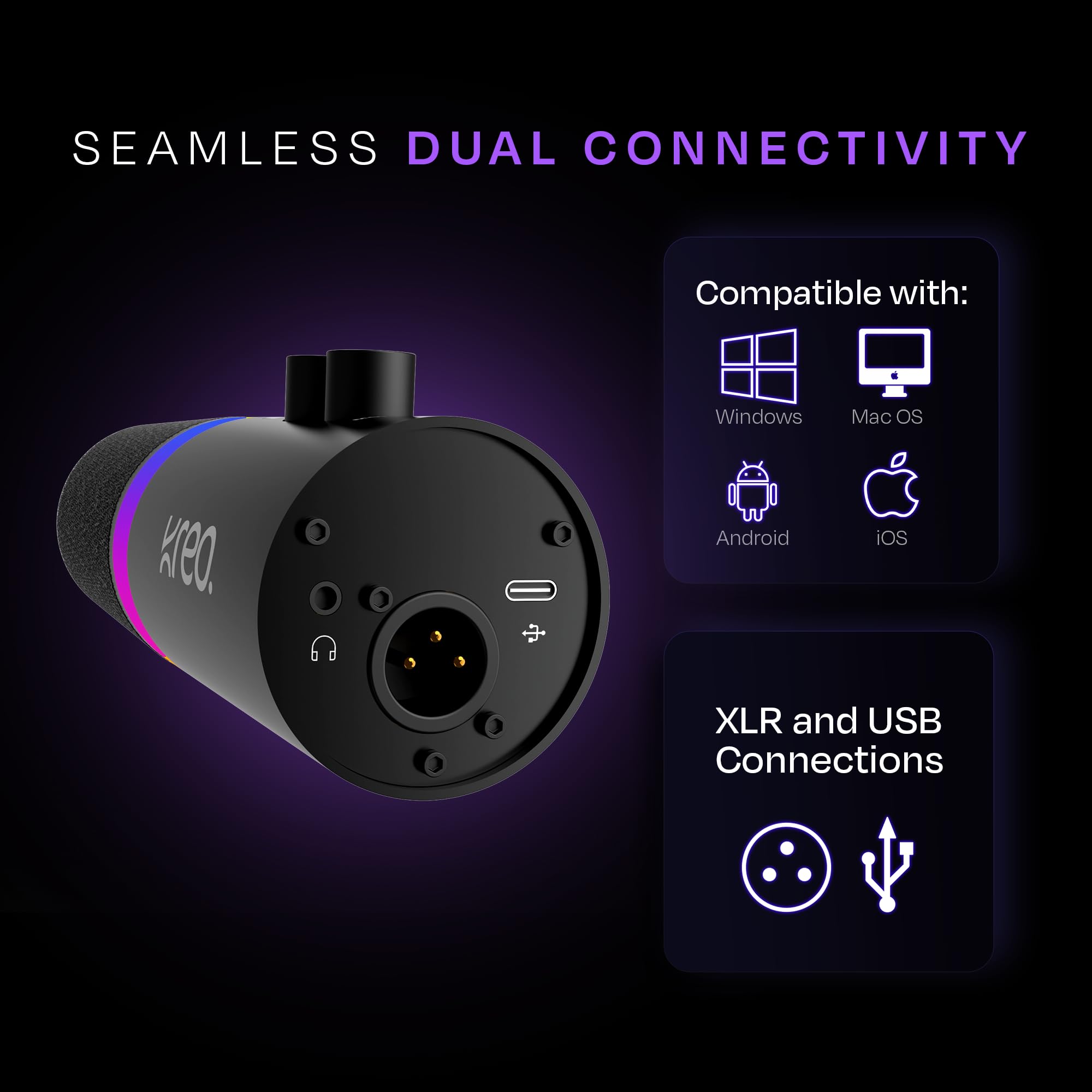 Kreo Sonik Dynamic Gaming Microphone – XLR/USB Mic with RGB Lighting, Gain & Mute Control, Desk Stand – for PC, Mobile, Console, Streaming, Podcasting, YouTube, Discord, Recording - Image 5 thumbnail