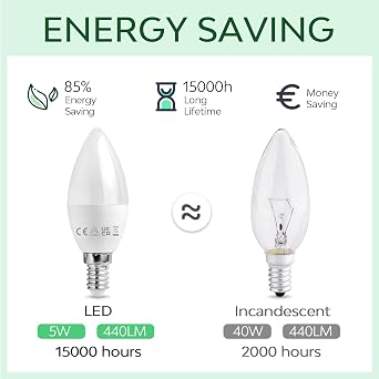 E14 Dimmable LED Light Bulb, Edison Screw SES Candle Bulbs Small Screw, Warm White 2700K E14 LED Bulb, 5W 450LM (Equivalent to 40W), Energy Saving Candle Light Bulbs, Pack of 6 [Energy Class F]