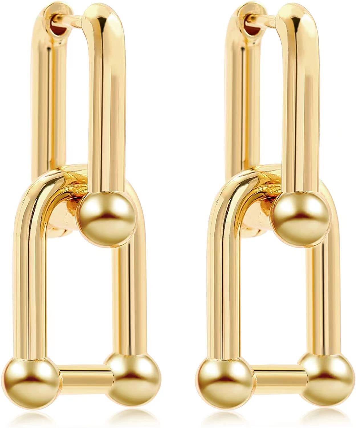 AMERTEER14k Gold Plated Ball U Shape Pin Y2K Style Chunky Earring Link Chain Chunky Circle Hoop Earrings Paperclip Link Chain Jewelry Drop Dangle Earrings set for women teen girls