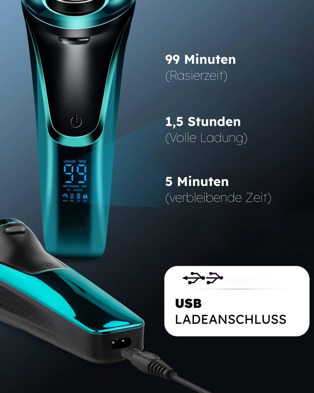 snapbuy Elektrischer Herrenrasierer Pro: Elektrischer Nass- und Trockenrasierer mit 99 Min. Laufzeit, Bartschneider und LED Anzeige, 100% wasserdicht, ideal für Reisen