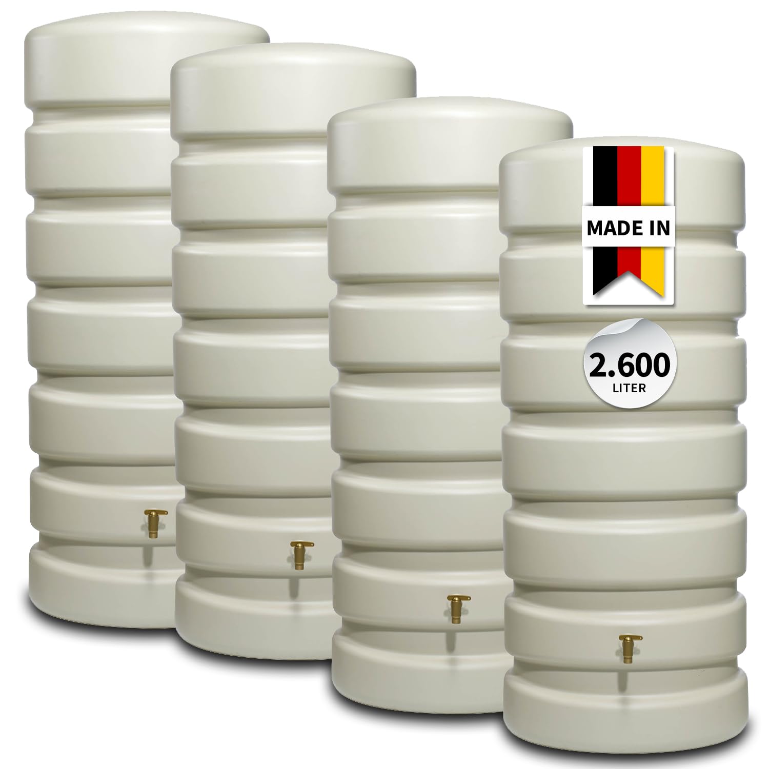 4rain Classic Regentonne-Set 2600 L sandbeige, 4 x Classic 650 Liter | inkl. Verbinder, Wassertank, Fass, Regenfass, Regenwassertonne, Regenwassertank, Wasserbehälter, Wassertonne, Wasserfass