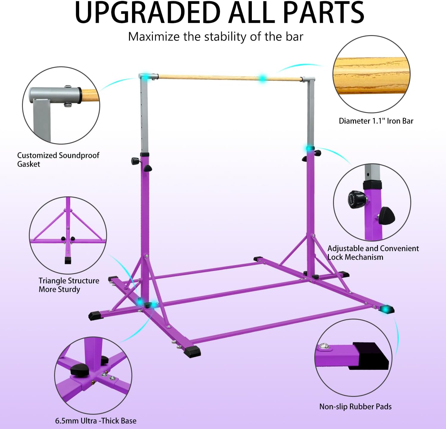 86 York Gymnastics Bar for Kids Ages 3-20, 5FT Base Length, 42" to 63" Adjustable Height, Horizontal Bar, Kip Bar for Gymnast, Gymnastic Training Equipment for Home, Gym Center (Gym Bar, Purple)