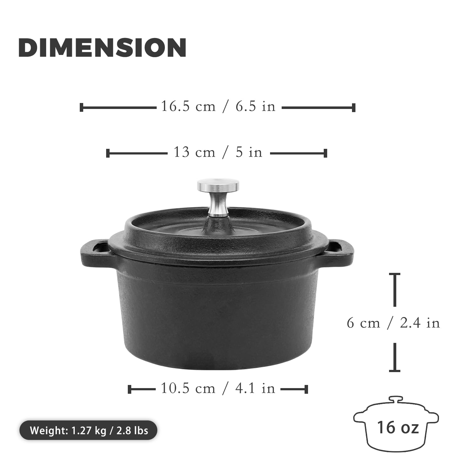Mini Cocotte 16 oz Mini Dutch Oven 0.5 qt. Cast Iron Garlic Roaster for Oven Garlic Confit Pot Ramekins with Lids Oven Safe Set of 2, Black